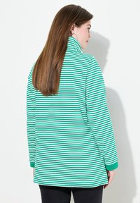 Maglietta a maniche lunghe a righe verdi e bianche con colletto alto e polsini verdi, caratterizzata da una vestibilità rilassata e un orlo posteriore leggermente più lungo.
