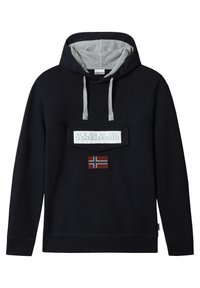 Felpa navy con fodera interna grigia, patch logo frontale e bandiera norvegese ricamata. Presenta lacci e polsini a costine. Materiale in cotone misto.