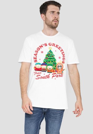 White cotton t-shirt featuring a colorful graphic with a Christmas tree, "Season's Greetings," and characters from South Park.