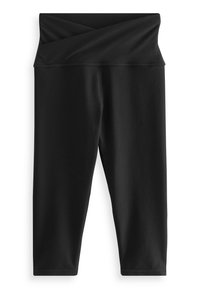 Fekete leggings széles, keresztbe forduló derékkal. Simább, rugalmas anyagból készültek, illeszkedő kialakítással rendelkeznek és a vádli közepéig érnek.
