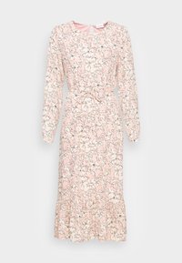 Květinové šaty s dlouhým rukávem v jemně růžové barvě s černými květinovými konturami, s nařaseným pasem a rozšířeným spodním lemem. Vyrobeno z lehké látky.