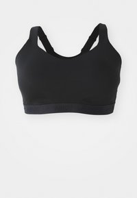 Svart sports-bh med justerbare stropper, glatt tekstur og Nike-logo på båndet. Sømløst design som er egnet for aktiv bruk.
