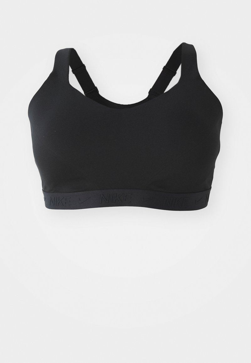 Sutien desportivo preto com alças ajustáveis, textura suave e logótipo da Nike na cinta. Design sem costuras adequado para vestuário ativo.
