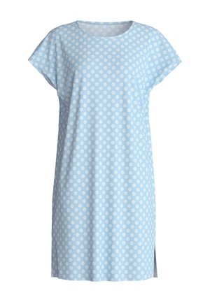 Hellblaues knielanges Kleid mit kurzen Ärmeln und weißen Punkten, die horizontale Streifen innerhalb der Punkte aufweisen.