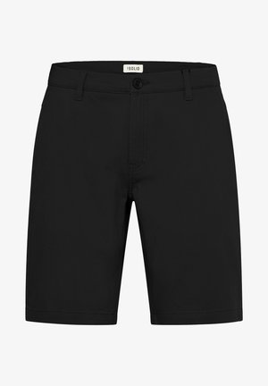 Fekete rövidnadrág könnyű anyagból, gombos zárással, övhurkokkal és tiszta varrásokkal. Nincsenek látható minták vagy díszítések.