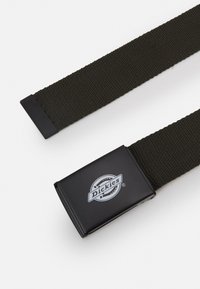 Cinto de tecido preto com uma superfície rígida e texturizada, e uma fivela de plástico retangular com um logótipo circular. Cor: verde-escuro.