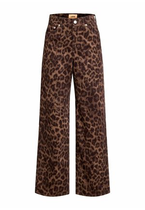 Pantalons à pattes larges à motif léopard marron et noir, comportant cinq poches et des accessoires en métal. Fabriqués en tissu à la texture douce.