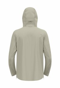 Lichtbeige, lange mouwen jas met een capuchon. Gladde textuur, minimale naden en ritsaccenten bij de manchetten voor een verstelbare pasvorm.