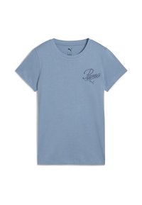 Lichtblauw katoenen t-shirt met korte mouwen en een ronde halslijn. Bevat een geborduurd "Puma" logo op de linkerkant van de borst.