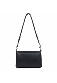 Borsa a mano in pelle nera con finitura testurizzata, forma rettangolare, tracolla staccabile e dettagli in metallo argentato.