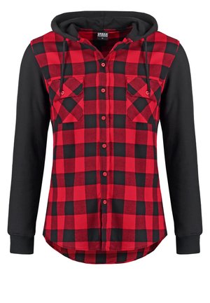 Red and black flannel shirt with a hood, featuring a checkered pattern, two chest pockets, and long black sleeves. Button-down front.