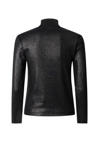 Μαύρη μακρυμάνικη ζιβάγκο φανέλα από γυαλιστερό, υφασμένο ύφασμα με εφαρμοστή σιλουέτα και κοντό μανίκι.