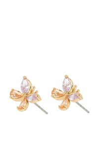 Orecchini a forma di fiore color oro con quattro petali, impreziositi da gemme rosa chiaro e pesca, fissati con supporti in metallo per l'attacco.