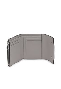 Gray textured wallet with multiple card slots and a zippered compartment, featuring a black trim and snap closure details.