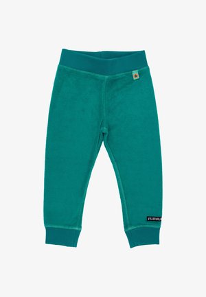 Türkisfarbene Fleecehose mit geripptem Bund, elastischen Bündchen und Seitennähten. Ein kleines Etikett mit einem Sternmotiv ist an der Hüfte angenäht.