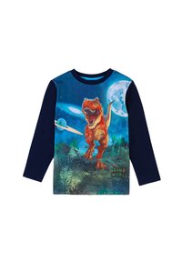 Langärmliges T-Shirt mit einem lebhaften Dinosaurier-Design auf blauem Hintergrund, dunklen blauen Ärmeln und dem Text "DINO WELT" am unteren Rand.