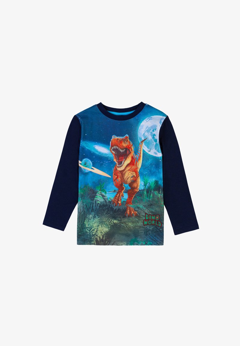 Langärmliges T-Shirt mit einem lebhaften Dinosaurier-Design auf blauem Hintergrund, dunklen blauen Ärmeln und dem Text "DINO WELT" am unteren Rand.