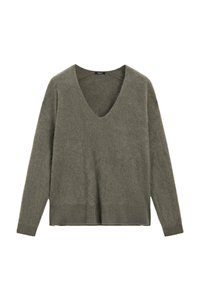 Olivengrüner, weich gestrickter Pullover mit tiefem V-Ausschnitt, langen Ärmeln und geripptem Saum. Entworfen für eine lockere Passform mit strukturierter Stoffqualität.