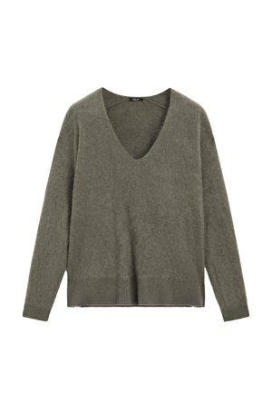 Maglione morbido in verde oliva, con scollo a V profondo, maniche lunghe e orlo a costine. Progettato per una vestibilità comoda con tessuto testurizzato.
