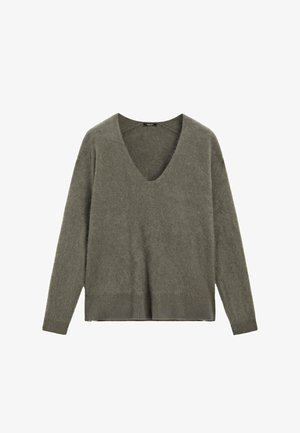 Olivengrüner, weich gestrickter Pullover mit tiefem V-Ausschnitt, langen Ärmeln und geripptem Saum. Entworfen für eine lockere Passform mit strukturierter Stoffqualität.