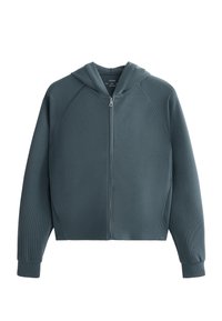 Felpa con cappuccio zipata in verde scuro, tessuto testurizzato con motivo a coste, maniche raglan e polsini. Presenta una chiusura frontale con zip.