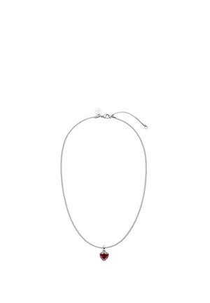 Silberne Halskette mit einem Anhänger aus einem roten herzförmigen Edelstein und einem kleinen runden Verschlussanhänger.