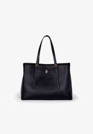 Bolso tote de cuero negro con dos asas largas, acentos en hardware dorado en el centro y diseño minimalista. Textura suave, interior espacioso.
