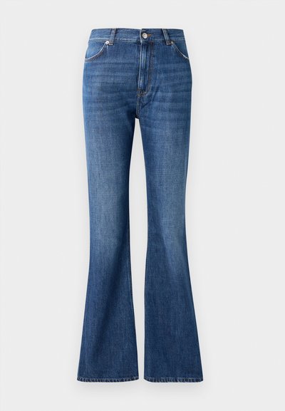 Blue flared jeans made of denim, featuring a high waist, five pockets, and a subtle whiskering pattern near the seams.