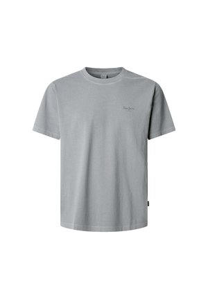 Graues Baumwoll-T-Shirt mit Rundhalsausschnitt und kurzen Ärmeln. Verfügt über ein dezentes Logo auf der Brust, einen geraden Saum und eine weiche, glatte Textur.