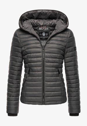 Black puffer jacket with padded texture, front zipper, and hood. Features include two side pockets and a branded tag on the left sleeve.