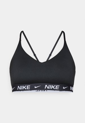 Black sports bra with triangular cups and thin straps. Features a branded elastic band in white with "NIKE" lettering. Smooth fabric texture.