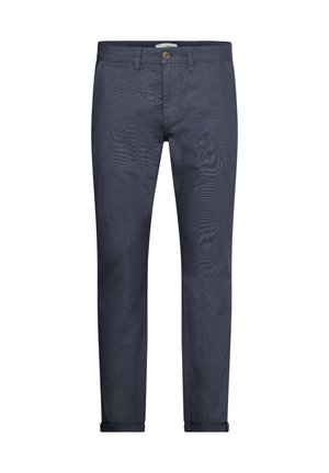 Navy chinos with a straight-leg design, made of lightweight cotton blend, featuring a button closure, and cuffed hems for a clean look.