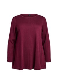 Bordeauxfarbener Pullover mit langen Ärmeln und rundem Halsausschnitt, der ein zentrales Nähdetail und einen leicht ausgestellten Saum aufweist. Weiches, strukturiertes Strickmaterial.