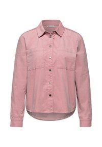 Rosa, knap-op skjorte med to brystlommer, krave, lange ærmer og buet søm. Fremstillet af et blødt, letvægtsstof.