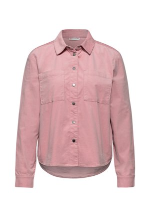 Camicia rosa con bottoni, due tasche sul petto, colletto, maniche lunghe e orlo curvo. Realizzata in un tessuto morbido e leggero.
