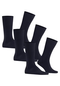 Six pairs of dark blue cotton socks with a ribbed cuff, seamless toe, and smooth texture, designed for comfort and durability.
