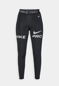 Schwarze Nike Pro Leggings mit enger Passform, elastischem Bund mit dem Text "NIKE PRO" und großem weißen "NIKE"-Logo am linken Bein.
