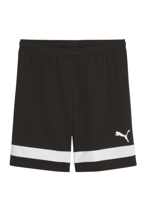 Pantalones cortos deportivos negros con cintura elástica, que presentan rayas blancas en el dobladillo y un pequeño logo blanco de Puma en la parte inferior derecha.