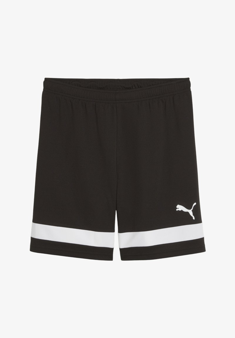 Black athletic shorts with an elastic waistband, featuring white stripes at the hem and a small white Puma logo on the lower right side.