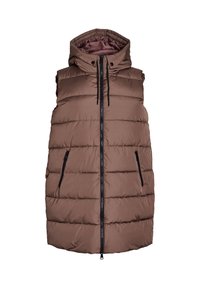 Brown padded vest with a hood, featuring zippered front and side pockets. Textured fabric with horizontal quilted pattern. Black hardware accents.