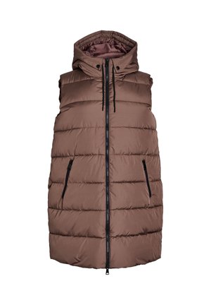 Brown padded vest with a hood, featuring zippered front and side pockets. Textured fabric with horizontal quilted pattern. Black hardware accents.