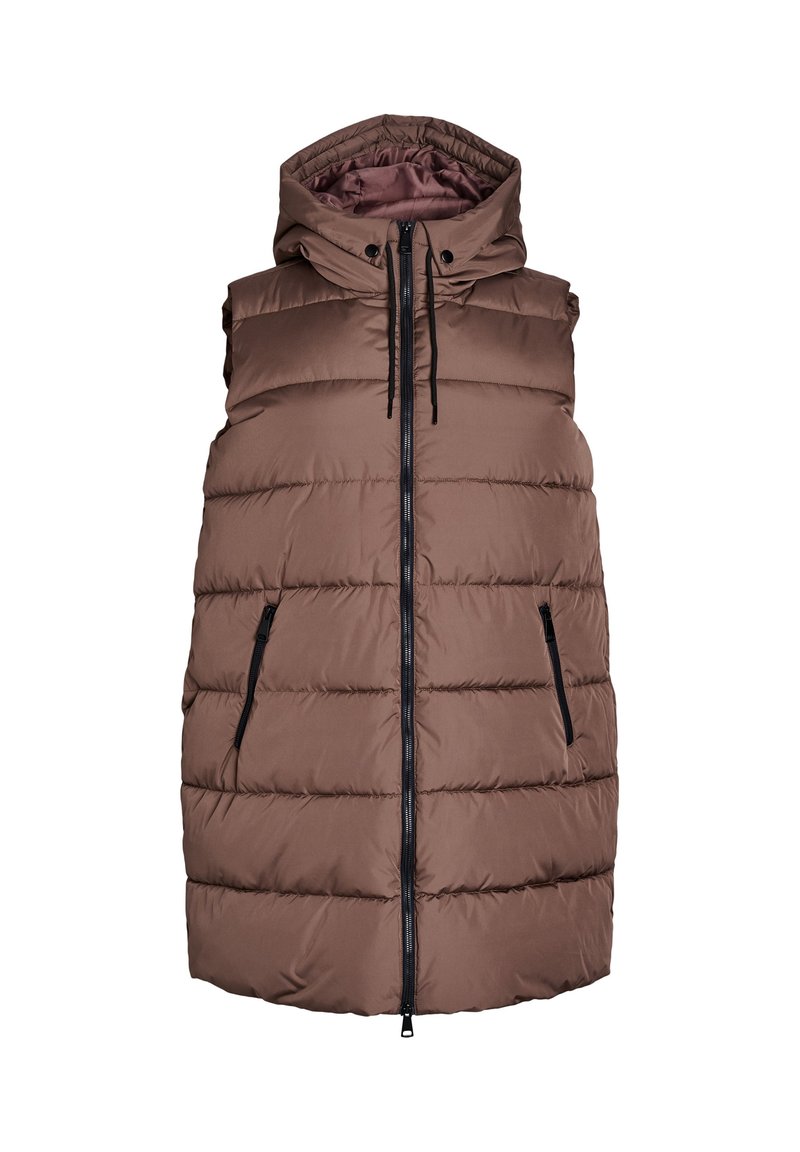 Brown padded vest with a hood, featuring zippered front and side pockets. Textured fabric with horizontal quilted pattern. Black hardware accents.