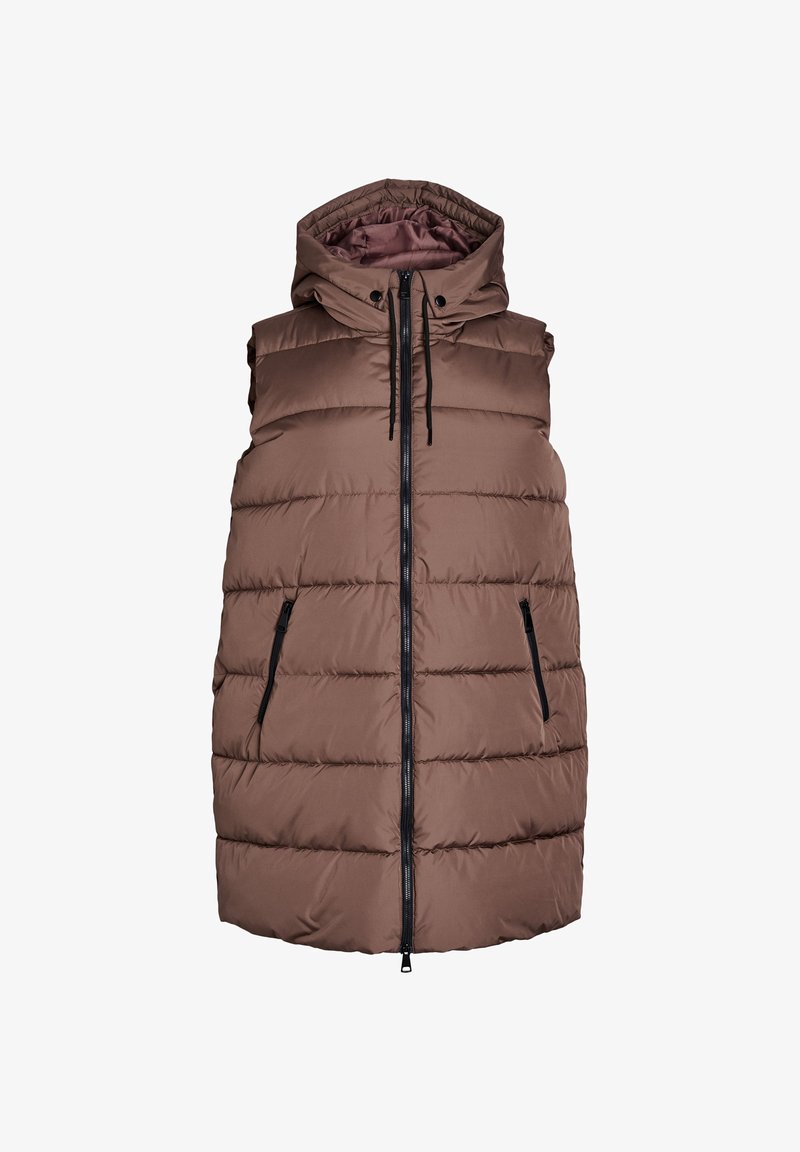 Smeđi podstavljeni prsluk s kapuljačom, sa zatvaračem sprijeda i bočnim džepovima. Tekstil s teksturom s horizontalnim zakovanim uzorkom. Crni metalni detalji.