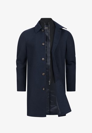 Marineblauer Wollmantel mit geknöpftem Vorderteil, Reverskragen und langen Ärmeln; verfügt über ein glattes Innenfutter und seitliche Taschen.