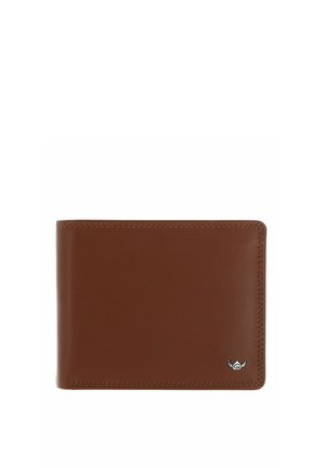 Brown leather bifold wallet with neat stitching and small silver logo emblem on bottom right corner.