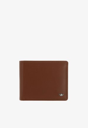 Portafoglio bifold in pelle marrone con cuciture ordinate e piccolo logo argentato nell'angolo in basso a destra.