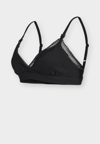 Fekete háromszög melltartó csipkés részletekkel, bordázott anyagból, állítható pántokkal és puha szegéllyel. Merevítő nélküli, a kényelem érdekében tervezve.