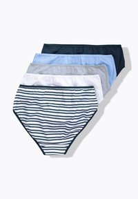 Ett paket med fem par underkläder i bomullsblandning, med enfärgade nyanser: marinblå, ljusblå, grå, vit och en randig design i marinblått och vitt.