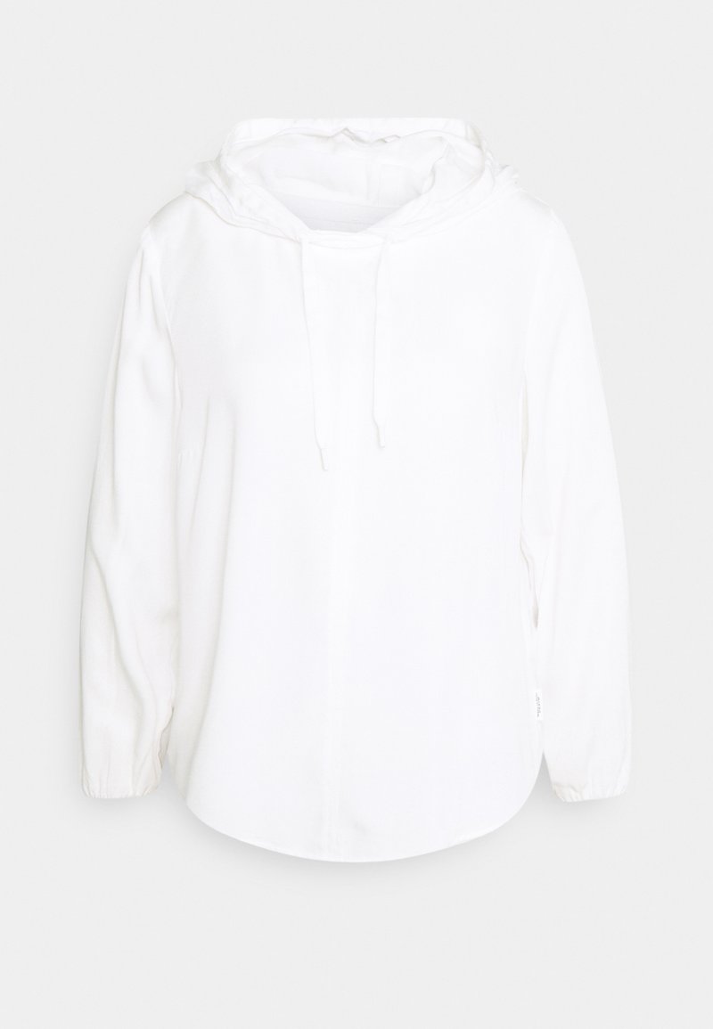Pull à capuche blanc à manches longues avec cordons de serrage et poignets élastiques, présenté sur un fond clair uni.