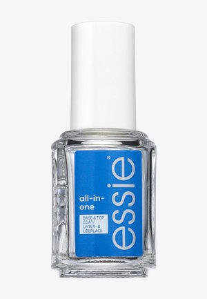 Flacon en verre transparent de vernis à ongles tout-en-un Essie, portant la mention base et top coat, avec un bouchon blanc haut.